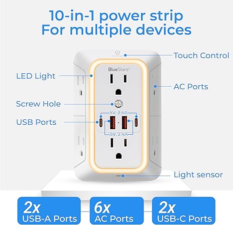 Wall Mount Surge Protector Outlet Extender 6 Outlets 4 USB Ports Night Light 1800J White