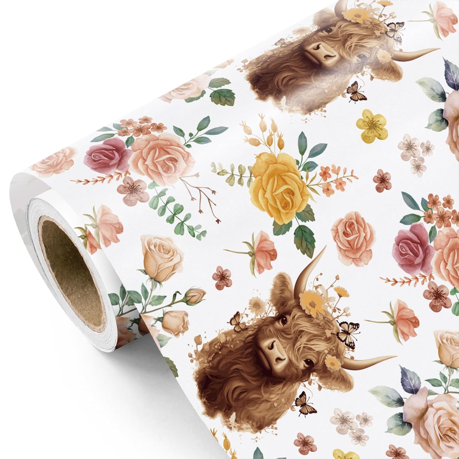 Highland Cow Wrapping Paper Roll - Mini Roll - 17 Inch X 16.5 Feet - Highland Cow And Floral Wrapping Paper For Birthday, Baby Shower, Wedding