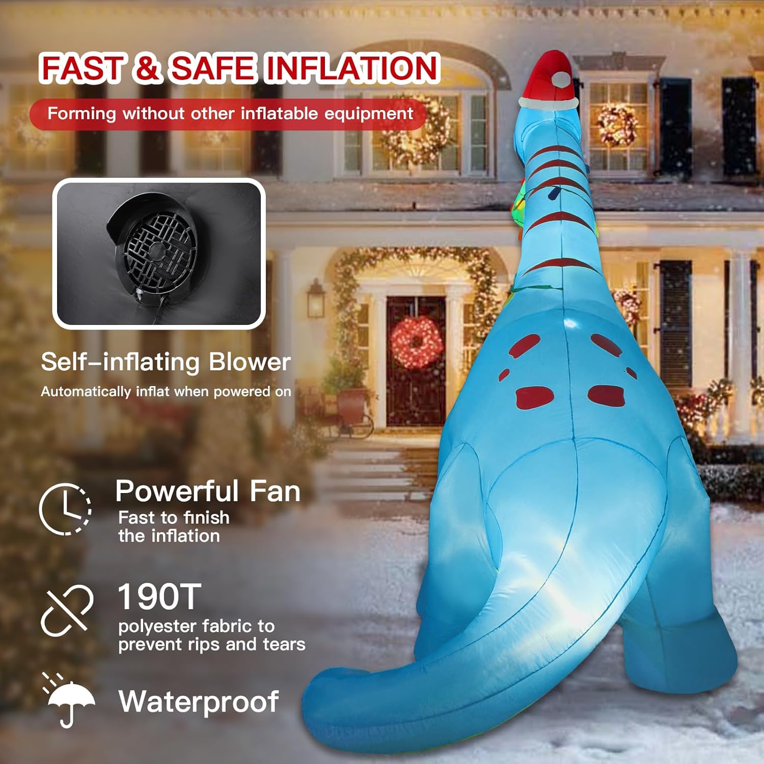 10 Ft Christmas Inflatable Outdoor Decorations, Giant Christmas Dinosaur Blow Up Yard Decor With Christmas Hat & Tree, B