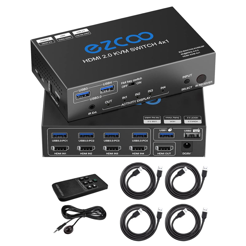 Usb 3.0 Kvm Switch Hdmi 4 Computer 1 Monitor 4K 60Hz Spdif L/R Hotkey Edid- Sh