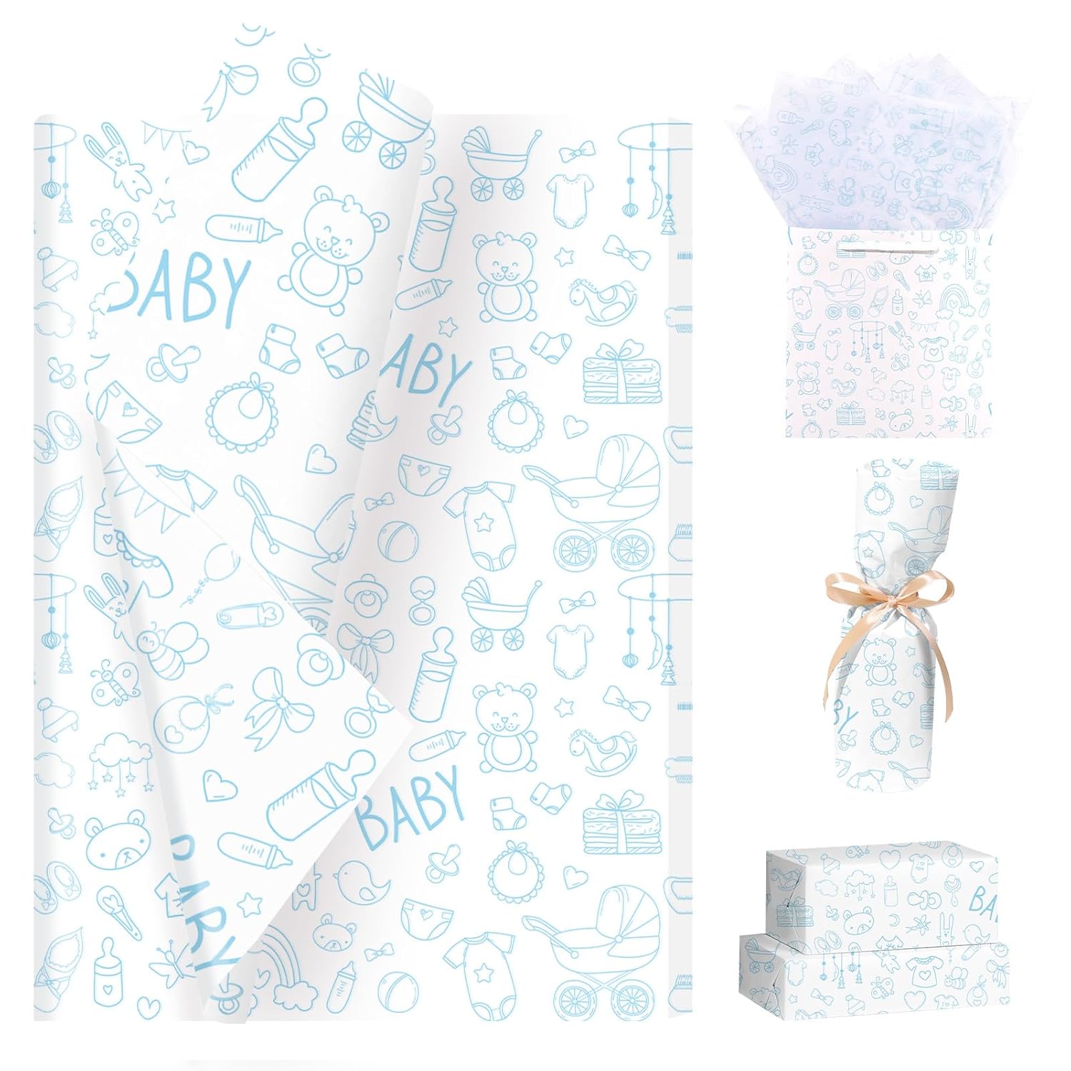 100 Sheets Blue Baby Shower Tissue Paper For Gift Bags Baby Boy Wrapping Paper,Party Decor,Diaper Raffle,20"X14"