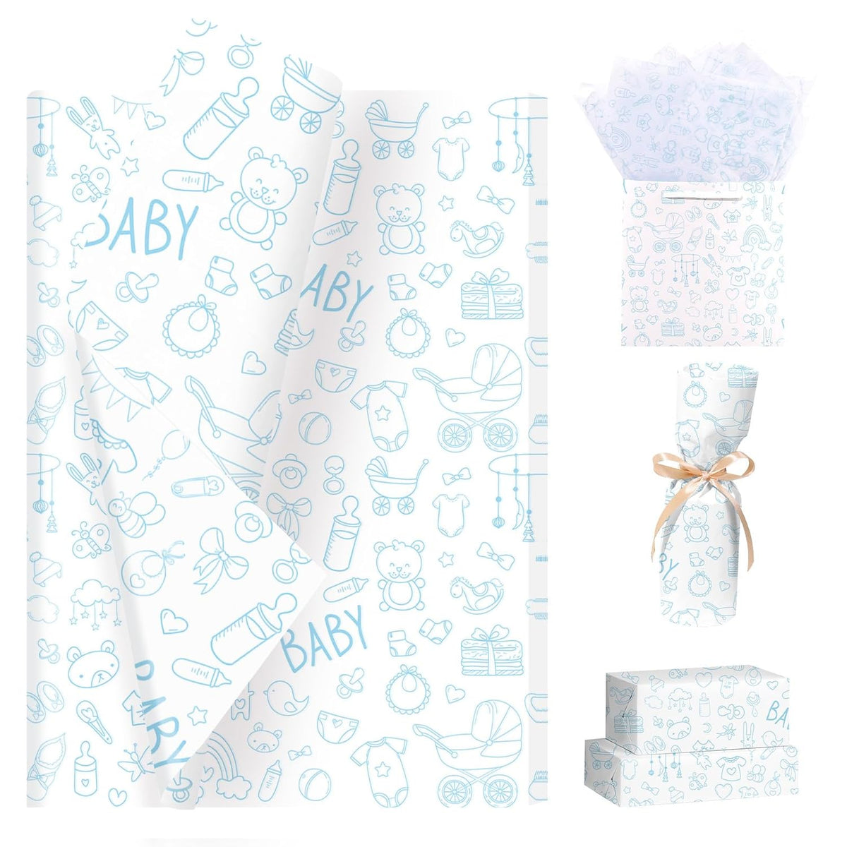 100 Sheets Blue Baby Shower Tissue Paper For Gift Bags Baby Boy Wrapping Paper,Party Decor,Diaper Raffle,20"X14"