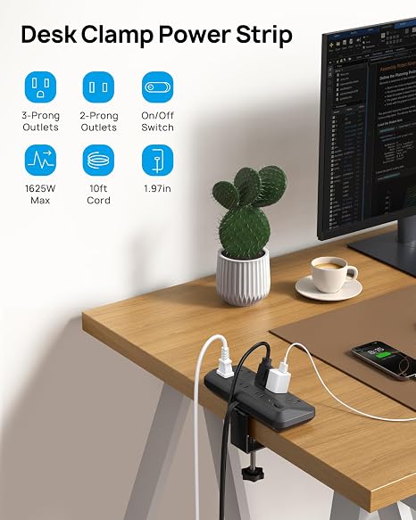 Desk Clamp Power Strip 7 Outlets 1700J Surge Protector 10FT Flat Plug
