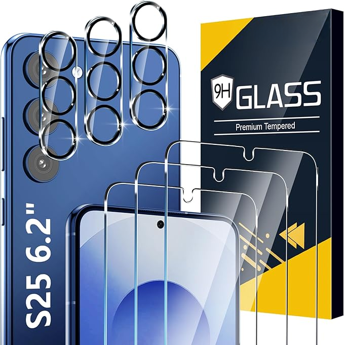 3-Pack Screen & 3-Pack Camera Protector for Samsung S25 [6.2"], 9H Glass, HD Clear, Case Friendly