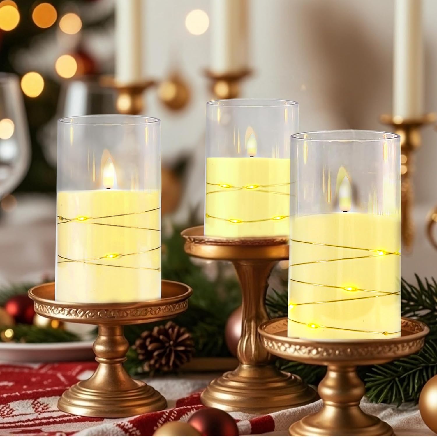 Flickering Flameless Candle With Star String Lights,Acrylic Battery Operated Pillar Candles With Remote Control For Romantic Mood Festival Wedding Home Party Decor - 3 Pack Pure White