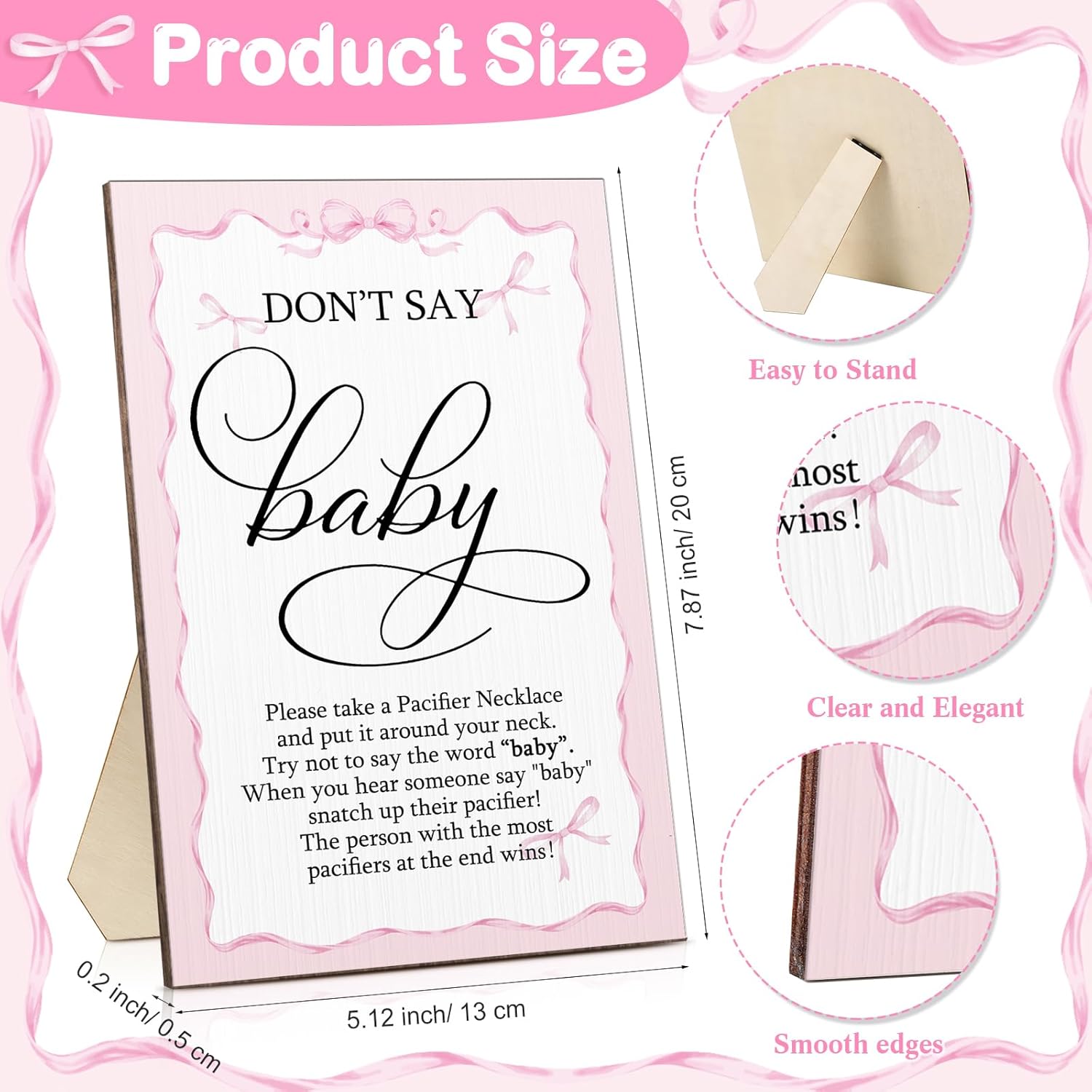 51 Pcs Don'T Say Baby Game Sign Cool Baby Shower Game 50 Pacifier Necklace Wooden Don'T Say Sign Plastic Pacifier Party Favor For Gender Reveal (Pink Bow,Pink)