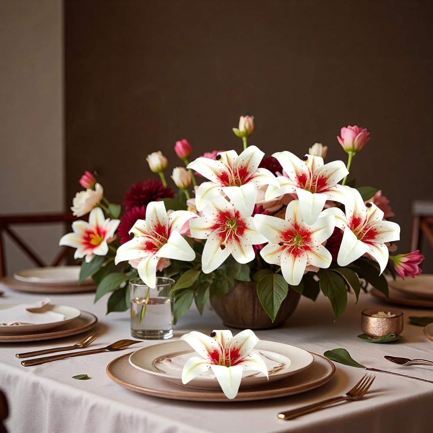 20Pcs 6 Inch Large Artificial Lilies Flower Heads With Realistic Stamens, Bulk Silk Fake Lilies For Diy Crafts, Wedding Decor, Cake Decorating, Centerpieces, Home Decor (White Pink)