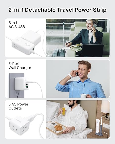 Travel Power Strip with Detachable USB C Ports GaN III Fast Charger 5ft Flat Plug Extension Cord Multiple Outlets White