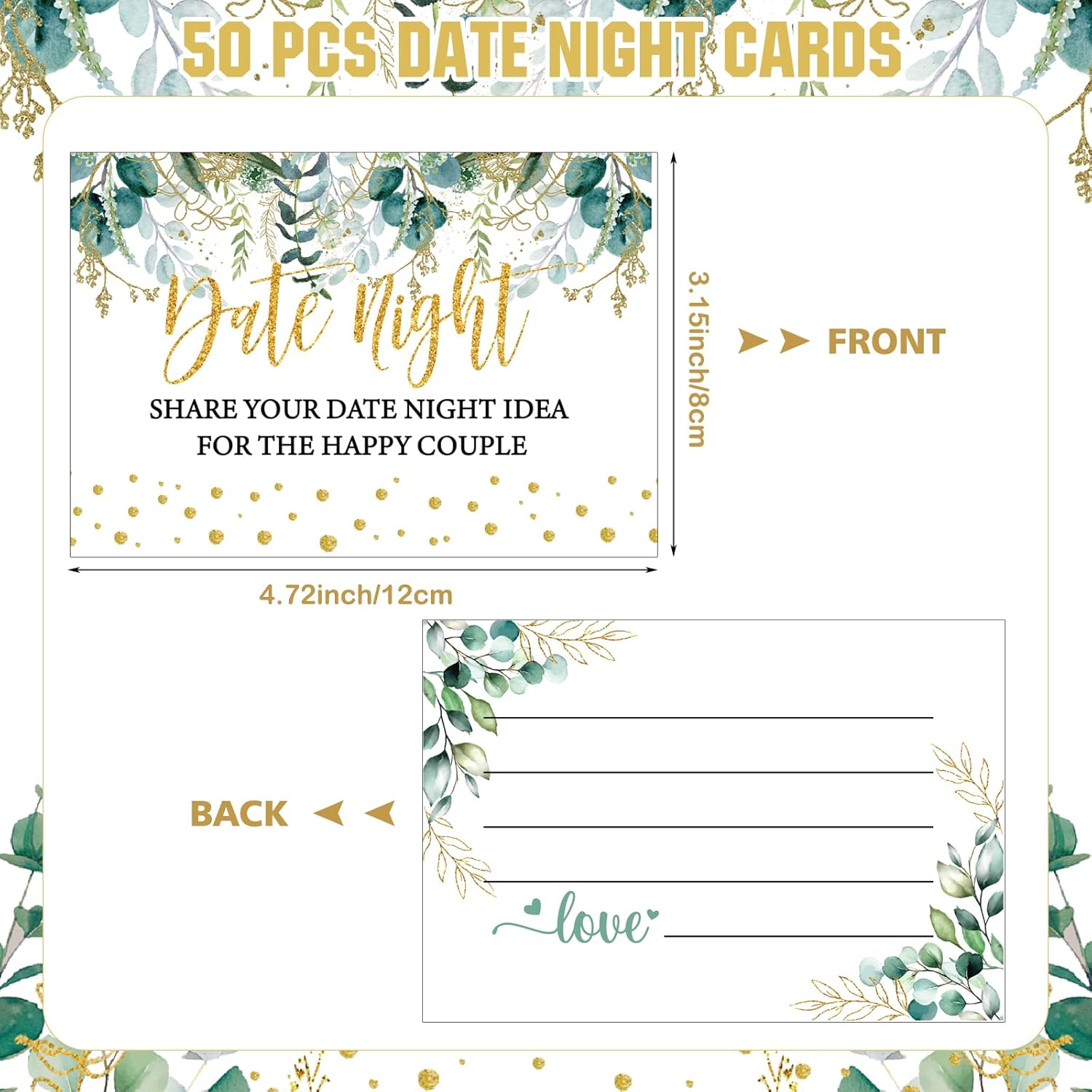 Bridal Shower Date Night Games Includes 1 Stand(8 X 5) Greenery Eucalyptus Bridal Shower Party Game Sign, 50 Date Night Guessing Cards(5 X 3) For Bachelorette Party Wedding Reception Games