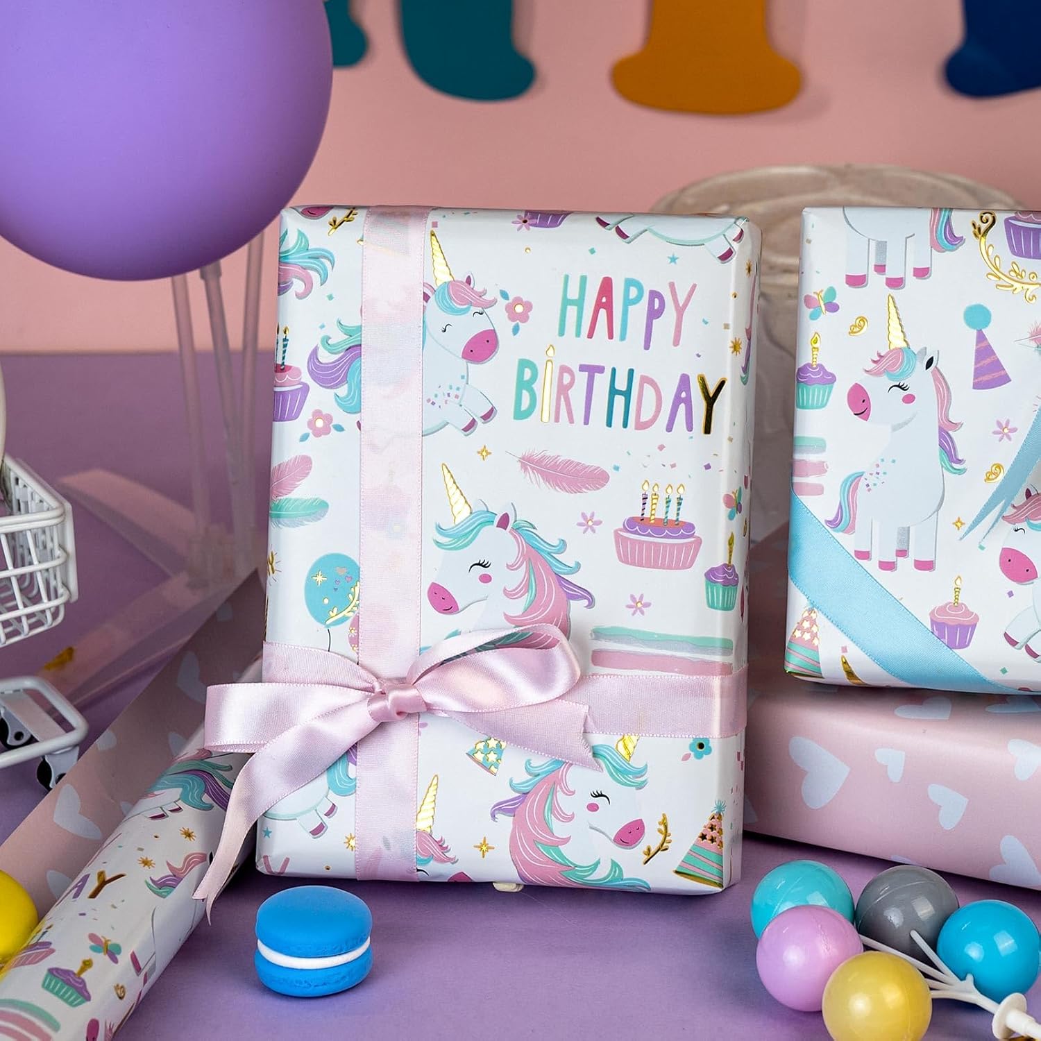 Unicorn Wrapping Paper For Girl, 17 Inch X 33 Feet Birthday Gift Wrap Featuring Gold Corn Reversible Heart For Princess Kids Baby Shower