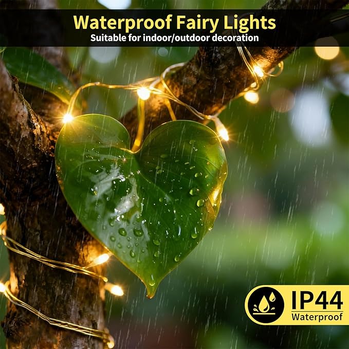 33FT Rechargeable Fairy Lights 100 LED Warm White Waterproof String Lights with Remote