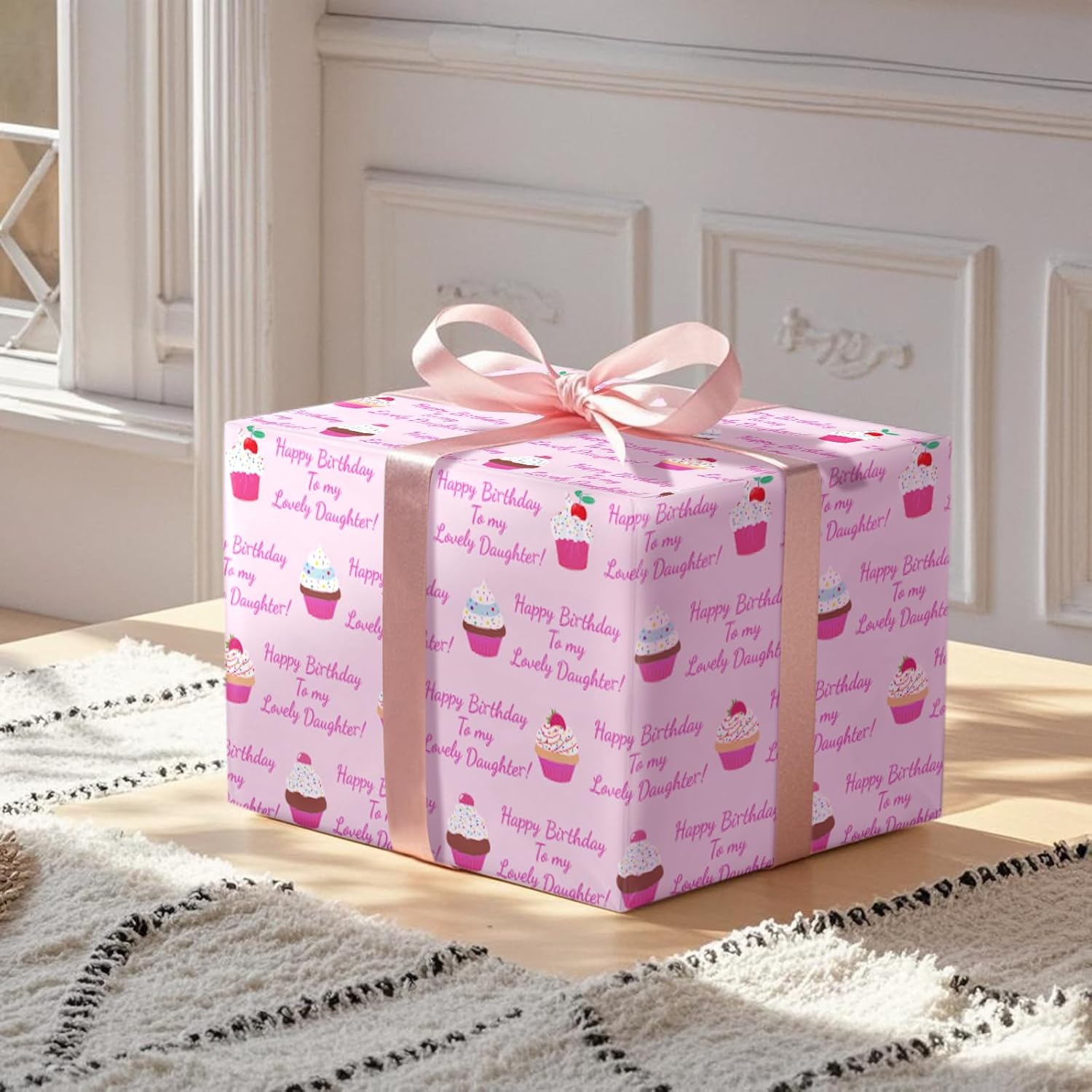 Cupcake Birthday Wrapping Paper Roll For Daughter, Pink Cupcake, Happy Birthday To My Lovely Daughter Gift Wrap For Daughter'S Birthday Of All Ages, Baby Girl, Mini Roll, 17Inches X 16.4Feet