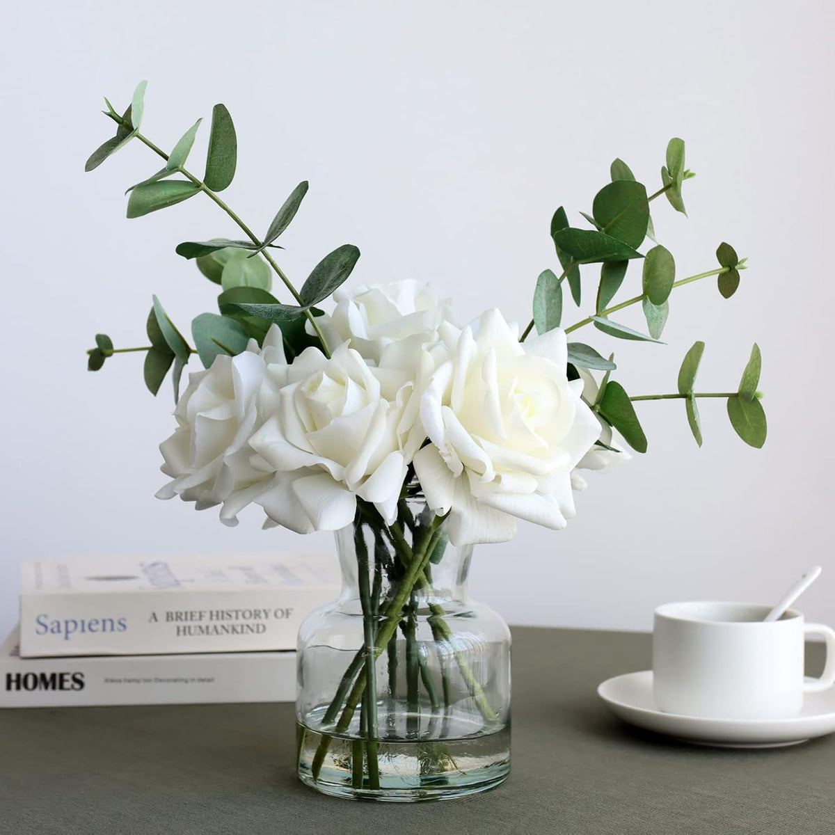 14" Artificial Flowers With White Roses In Vase, Fake Flowers In Artificial Water Vase, Silk Flower Arrangements With Artificial Flowers For Home Dining Table Decor.