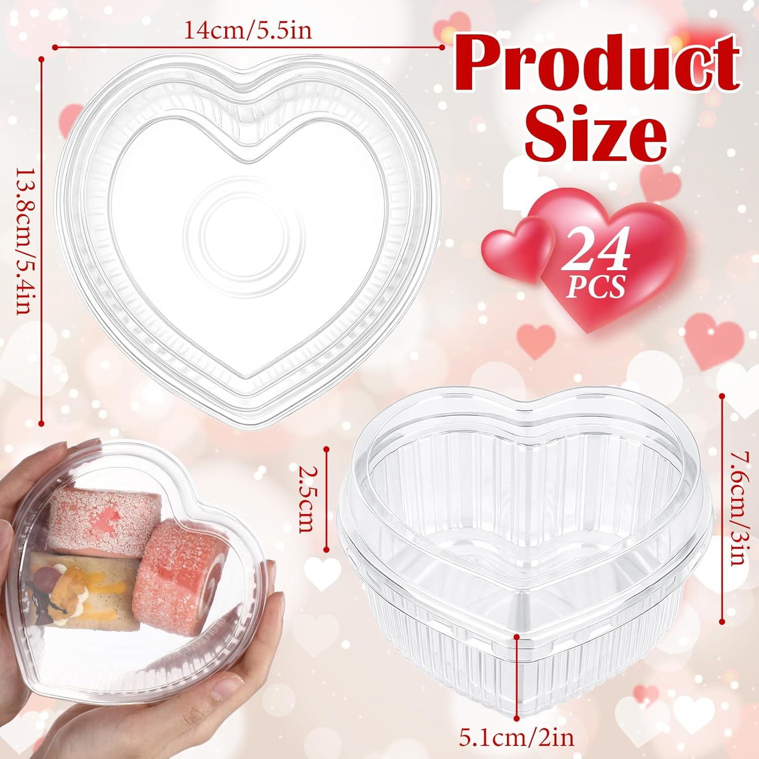 24 Pack Valentines Heart Shaped Food Storage Containers With Lid 16.9Oz Clear Plastic Cake Fruit Dessert Storage Box Containers Tray For Valentines Day Bakery Wedding Party Favor Packaging