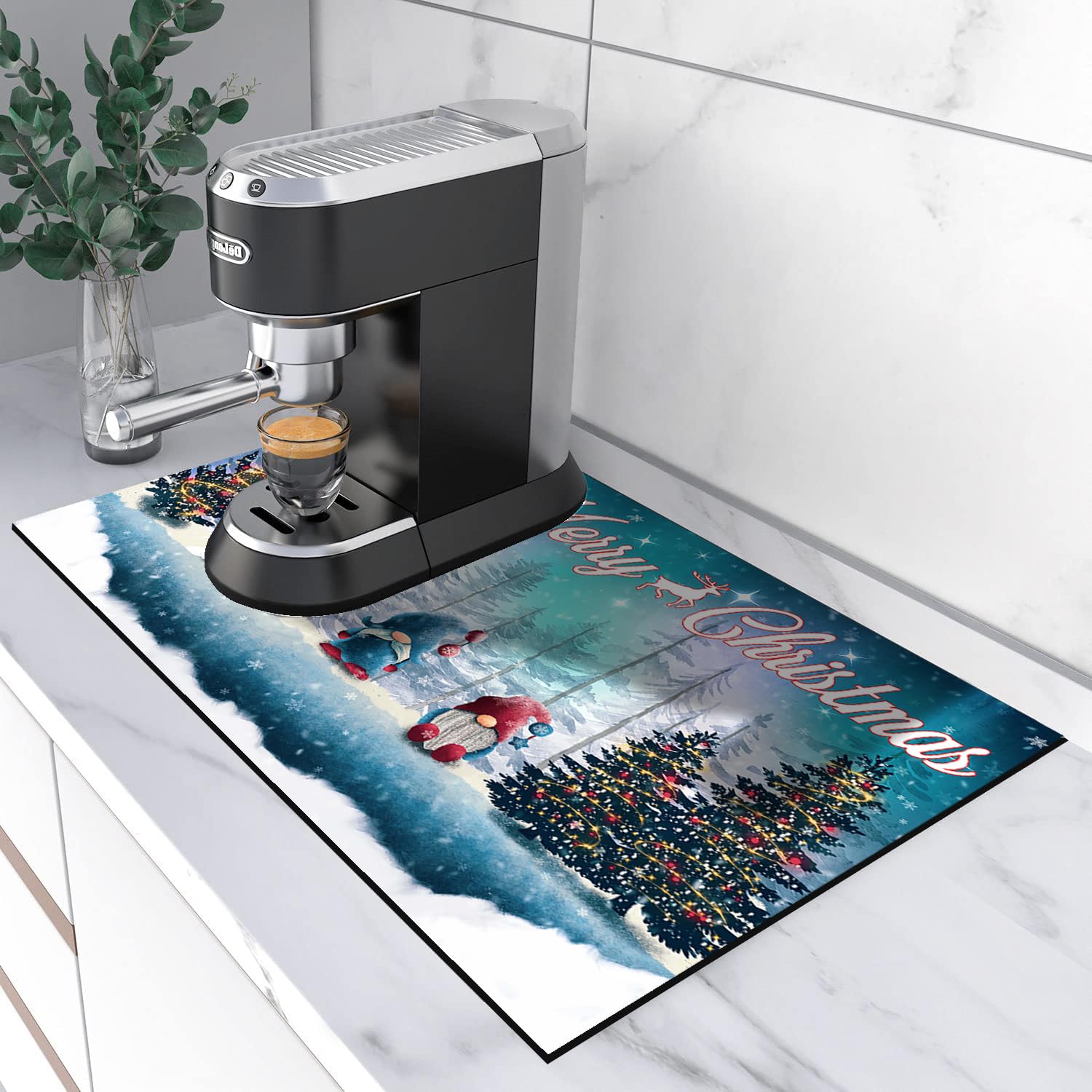 Merry Christmas Coffee Mats - 12X19 Inch Coffee Bar Mats, Absorbent, Hide Stain, Rubber Backed Dish Drying Mats For Kitchen Counter