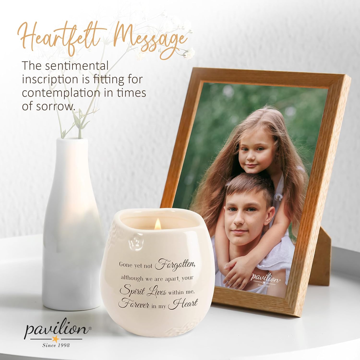 Pavilion - 8 Oz Candle Holder - White Ceramic Candle Jar with 100% Soy Wax Candle Tranquility Scent Gone Yet Not Forgotten Ideal Remembrance Gift for Love One Who Passed - Printed Text & Love Theme