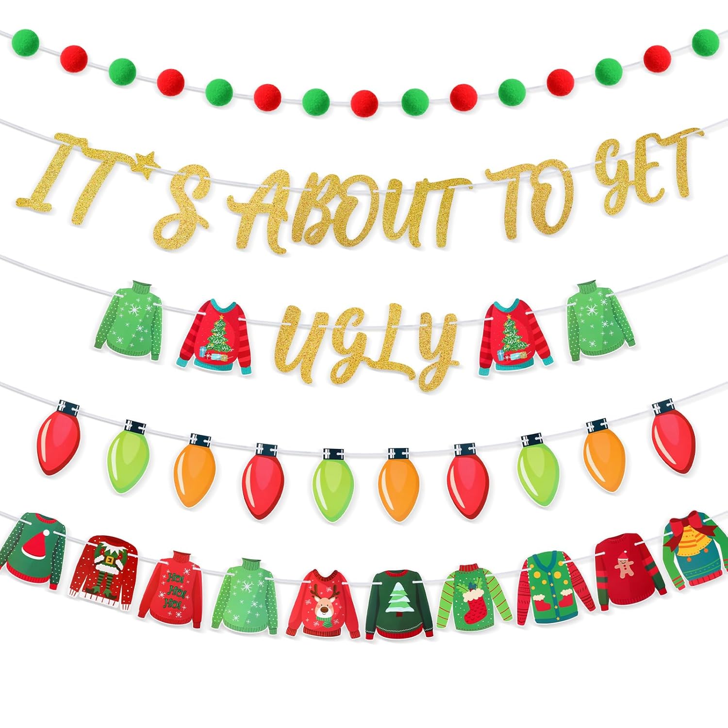 Ugly Sweater Party Decorations - It'S About To Get Ugly Banner, Felt Garland, Christmas Lights & Ideas For Home Mantel