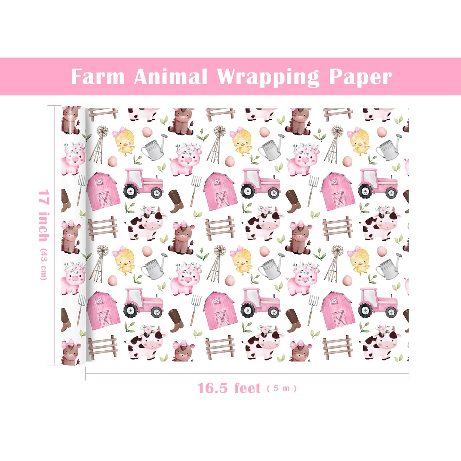 Farm Animal Wrapping Paper - Mini Roll - 17 Inch X 16.5 Feet - Pink Barnyard Cow Birthday Wrapping Paper Perfect For Kids Girls Boys Birthday, Baby Shower