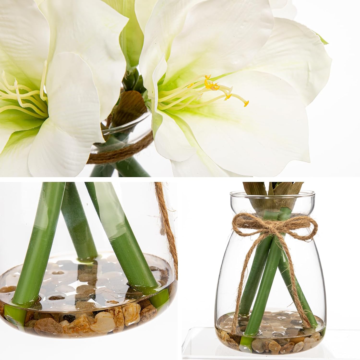 White Amaryllis Artificial Flower Arrangement 11.8" Faux Silk Amaryllis In Glass Vase With Faux Water Pebbles Fake Floral Centerpiece For Home Office Room Table Shelf Rustic Décor