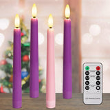 Flameless Advent Candles - Purple And Pink, 8 Inch Battery Operated Led Taper Candles With Remote Timer, 3D Wick Warm White Flicker Flame For Christmas Rituals And Wreath, Set Of 4