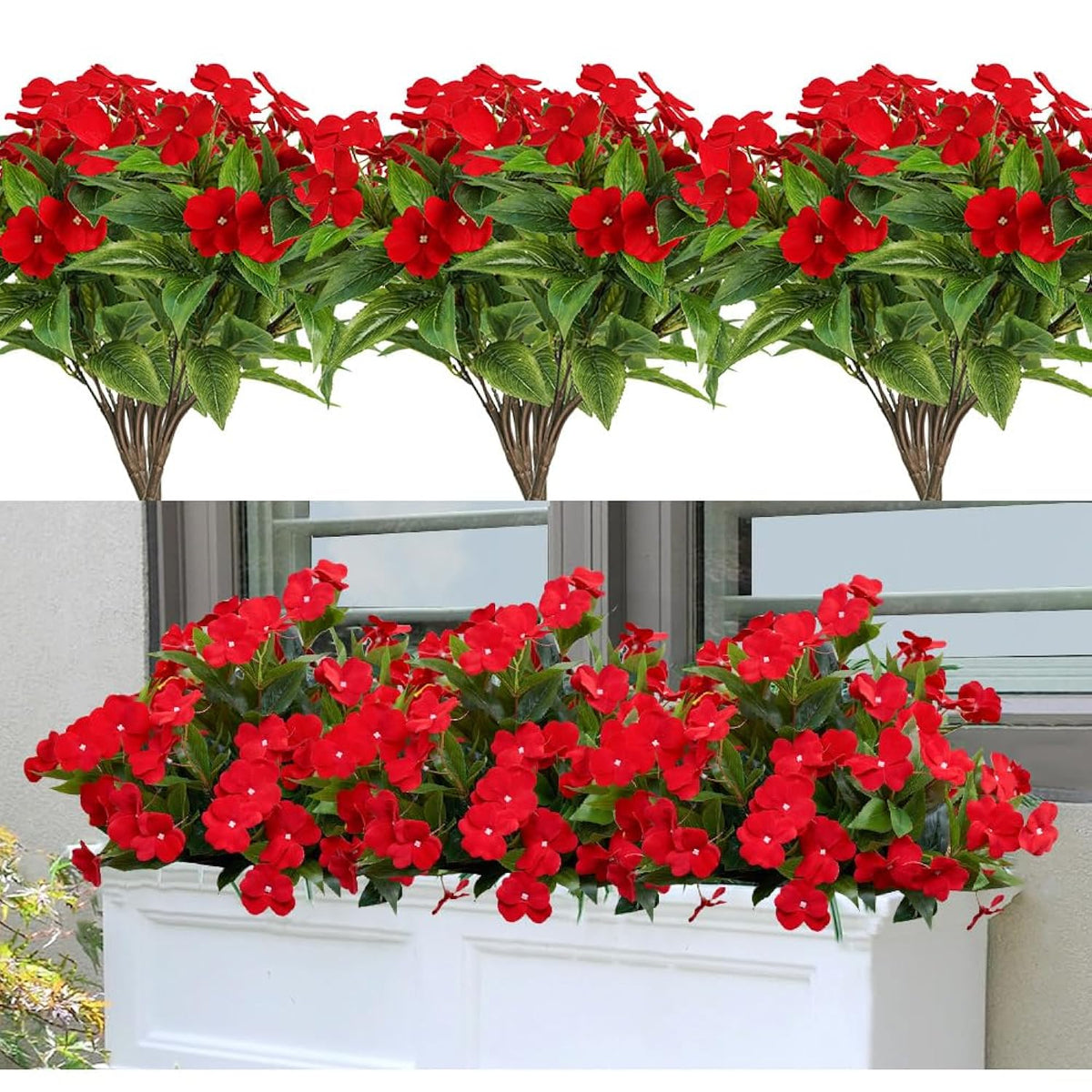 Artificial Plants Outdoor,4Pcs 7Branches Fake Impatiens Artificial Flowers For Outdoors,Faux Plants For Patio Lawn Balcony Garden Window Box Home Decor
