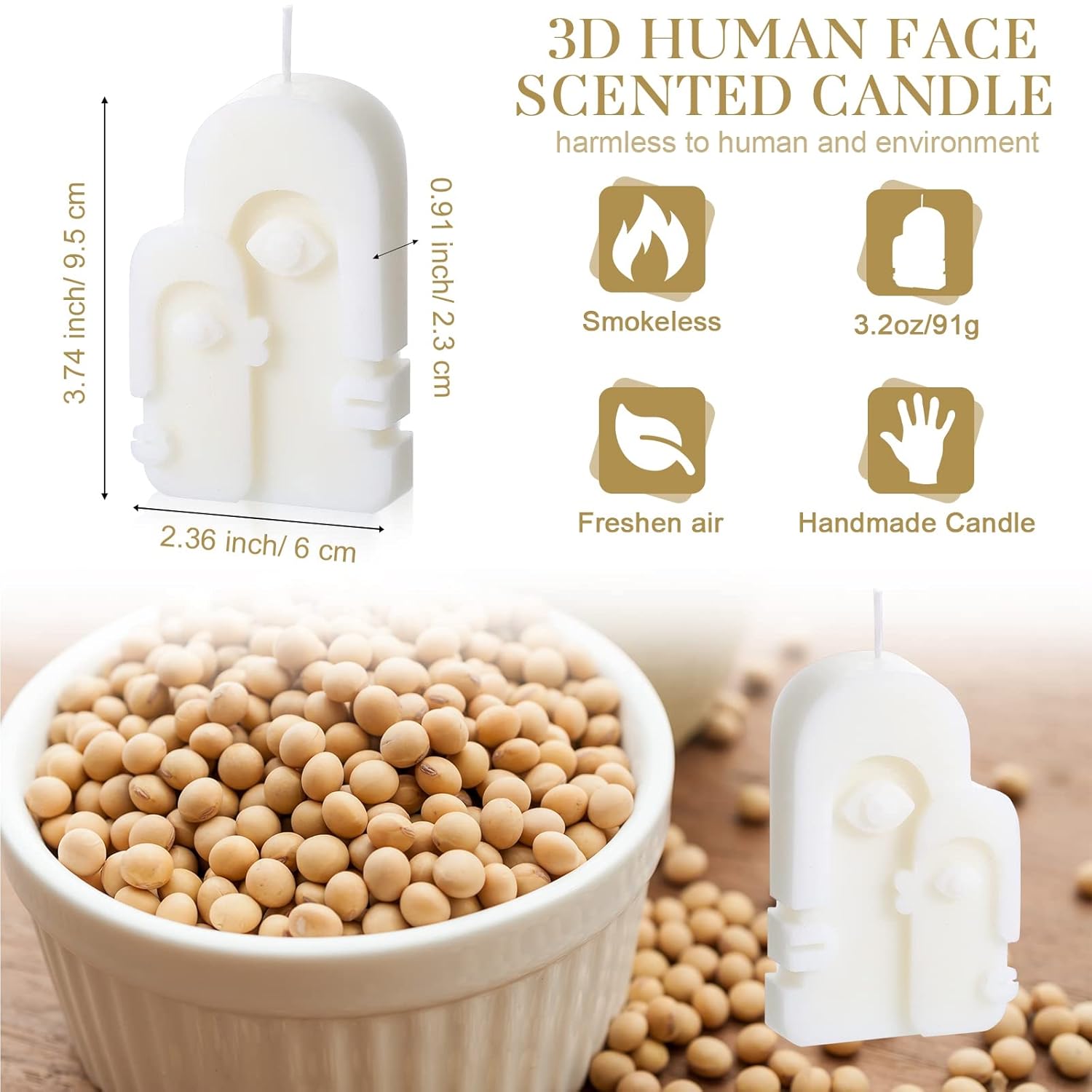 2 Pcs Shaped Candles Cool Candles Aesthetic Weird Face Geometric White Decorative Sculpture Scented Soy Wax Fun Modern Trendy For Bedroom Bathroom Shelf Decor(Simple Style)