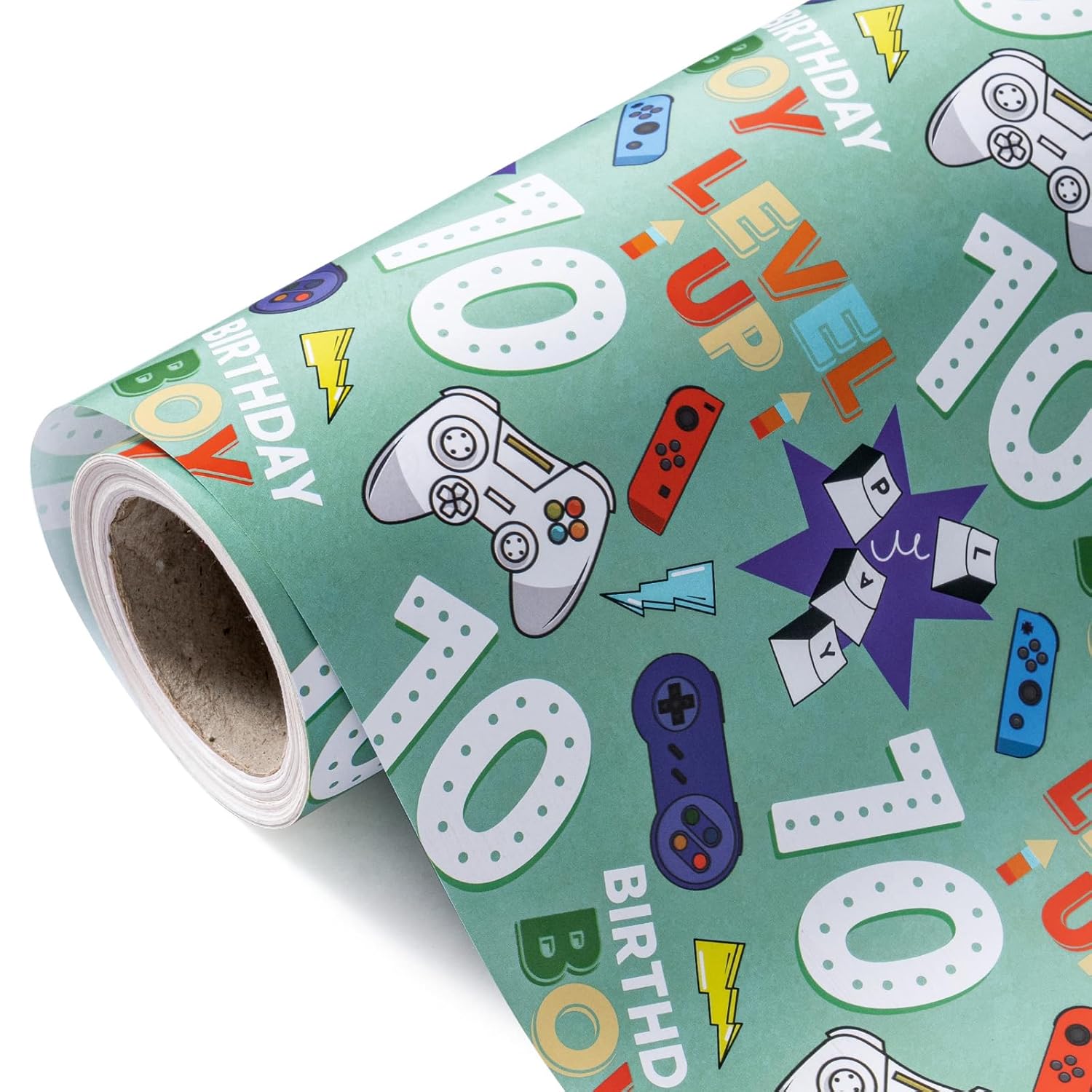 10Th Birthday Wrapping Paper Roll - Mini Roll - 17 Inch X 16.5 Feet - Gaming Boys Happy Birthday Wrapping Paper For Boys, Game Lover, Party, Holiday