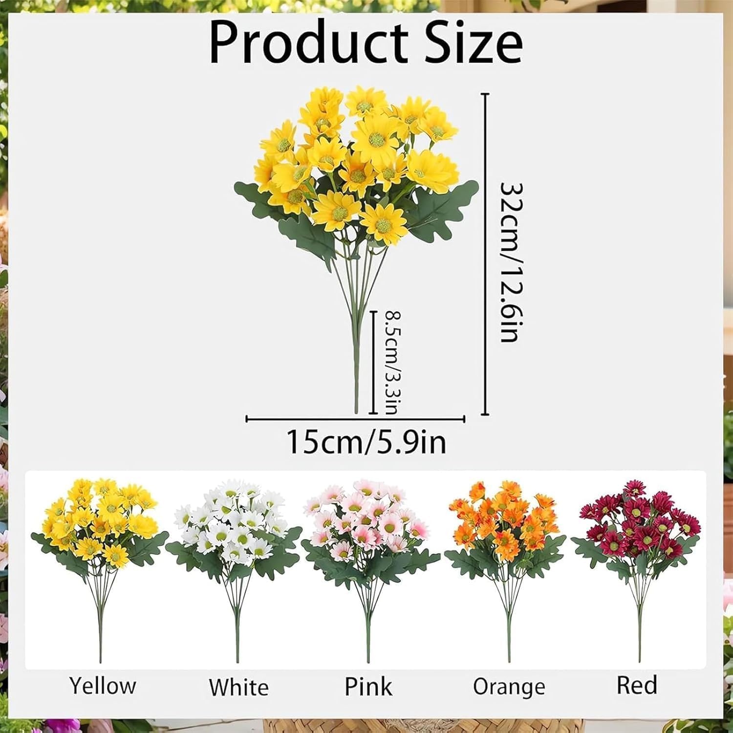 5Pcs Funsdecor Artificial Sunset Mums, Waterproof & Windproof Fake Flowers For Outdoor Fall Decor, Realistic Daisy With Eucalyptus, Full & Vibrant Look (Yellow)