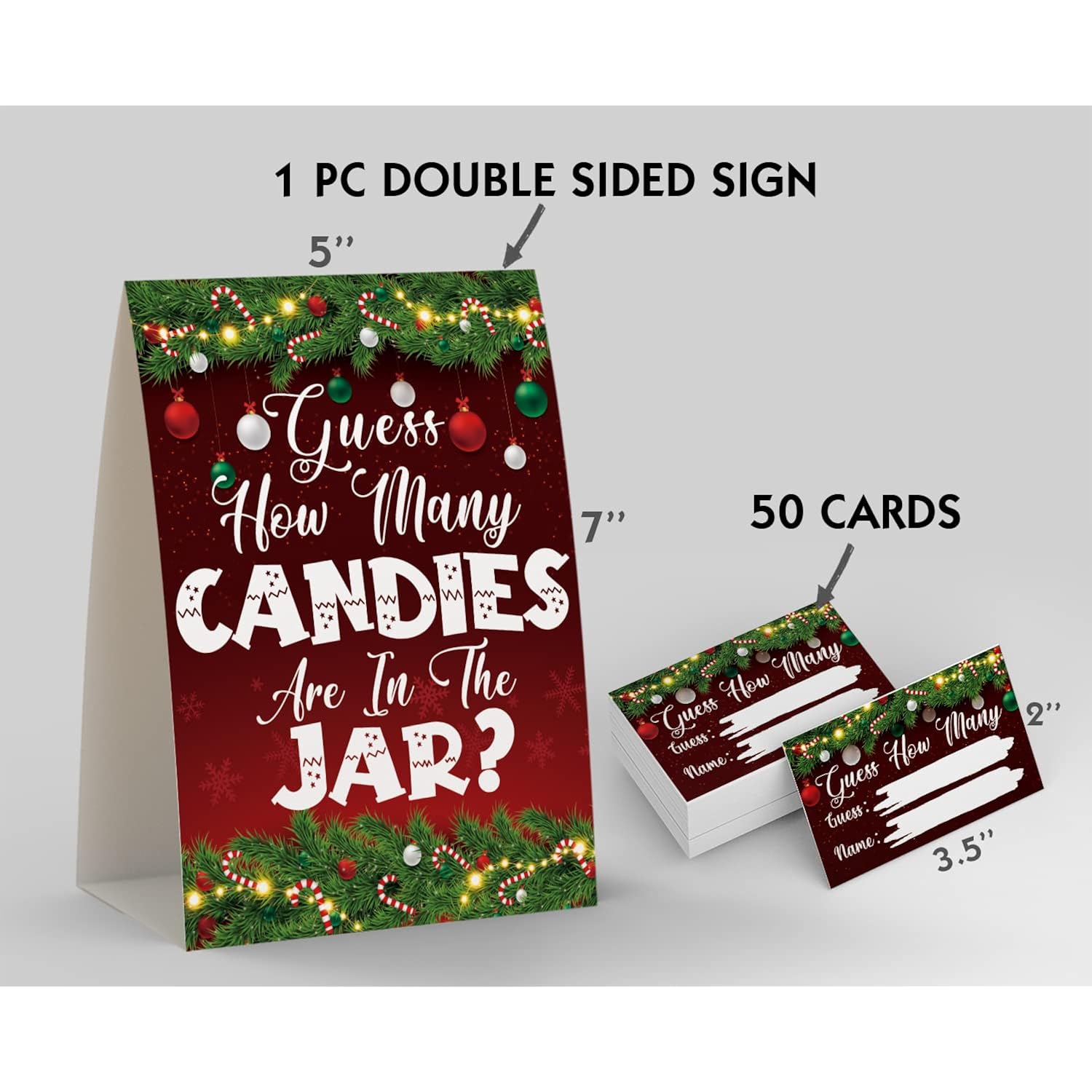 Christmas Party Games - How Many Candies Are In The Jar, 1 Standing Sign + 50 Cards, Christmas Party Ideas, How Many Kisses Game, Christmas Party Games For Kids / Cm008