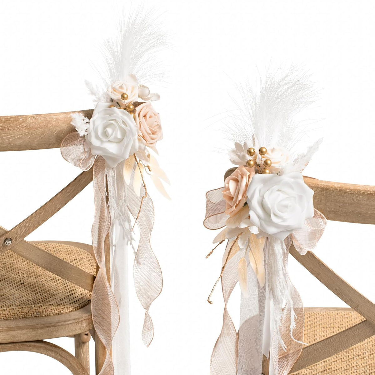 8Pcs Wedding Artificial Aisle Pew Flowers Chair Decorations Arrangements With Chiffon Ribbons Boho White Beige For Ceremony Chair Back Floral Decor Reception Church Party Outdoor