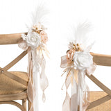 8Pcs Wedding Artificial Aisle Pew Flowers Chair Decorations Arrangements With Chiffon Ribbons Boho White Beige For Ceremony Chair Back Floral Decor Reception Church Party Outdoor