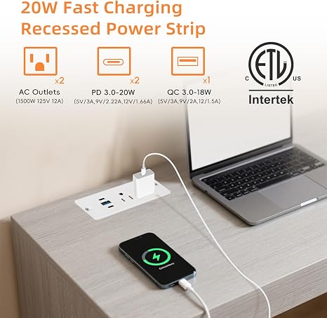 Recessed Furniture Power Strip 2 Outlets 2 USB C 1 USB A 20W 6FT White