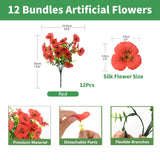 Artificial Fake Pansy Flowers For Outdoor Spring Decor, 12 Bundles Realistic Silk Pansies With Eucalyptus Stem Faux Plants Uv Resistant For Outside Planters Patio Garden Window Cemetery (Red)