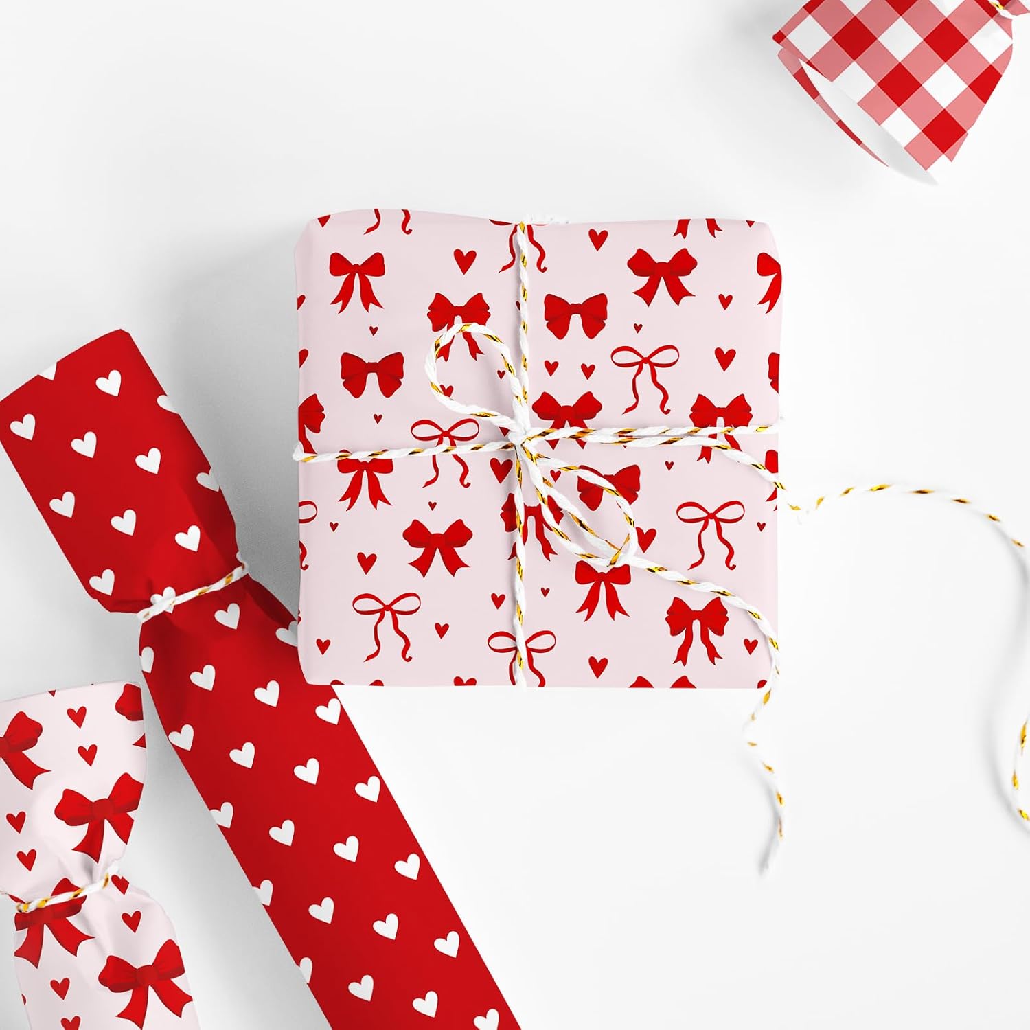 10 Sheet Valentine'S Day Cherry Red Bow Wrapping Paper -Not Roll- Valentine Gift Wrap Paper Folded Flat Plaid Heart Bow Craft Paper For Diy Crafts Party Supplies, 19.7 X 27.6 Inch