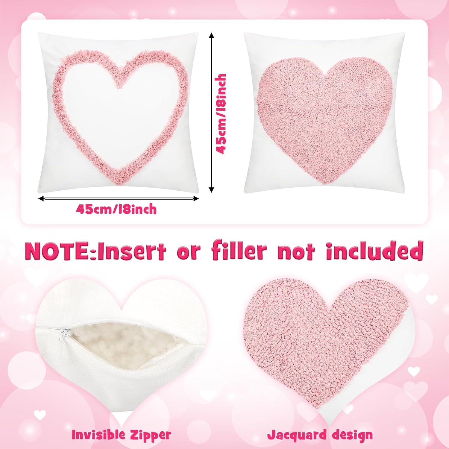2 Pcs Valentine'S Day Throw Pillow Cover 18X18 Heart Love Embroidered Decorative Pillow Cases Pink Soft Plush Jacquard Square Cushion Cover For Valentine Sofa Couch Bedroom Decor Coupon Gift