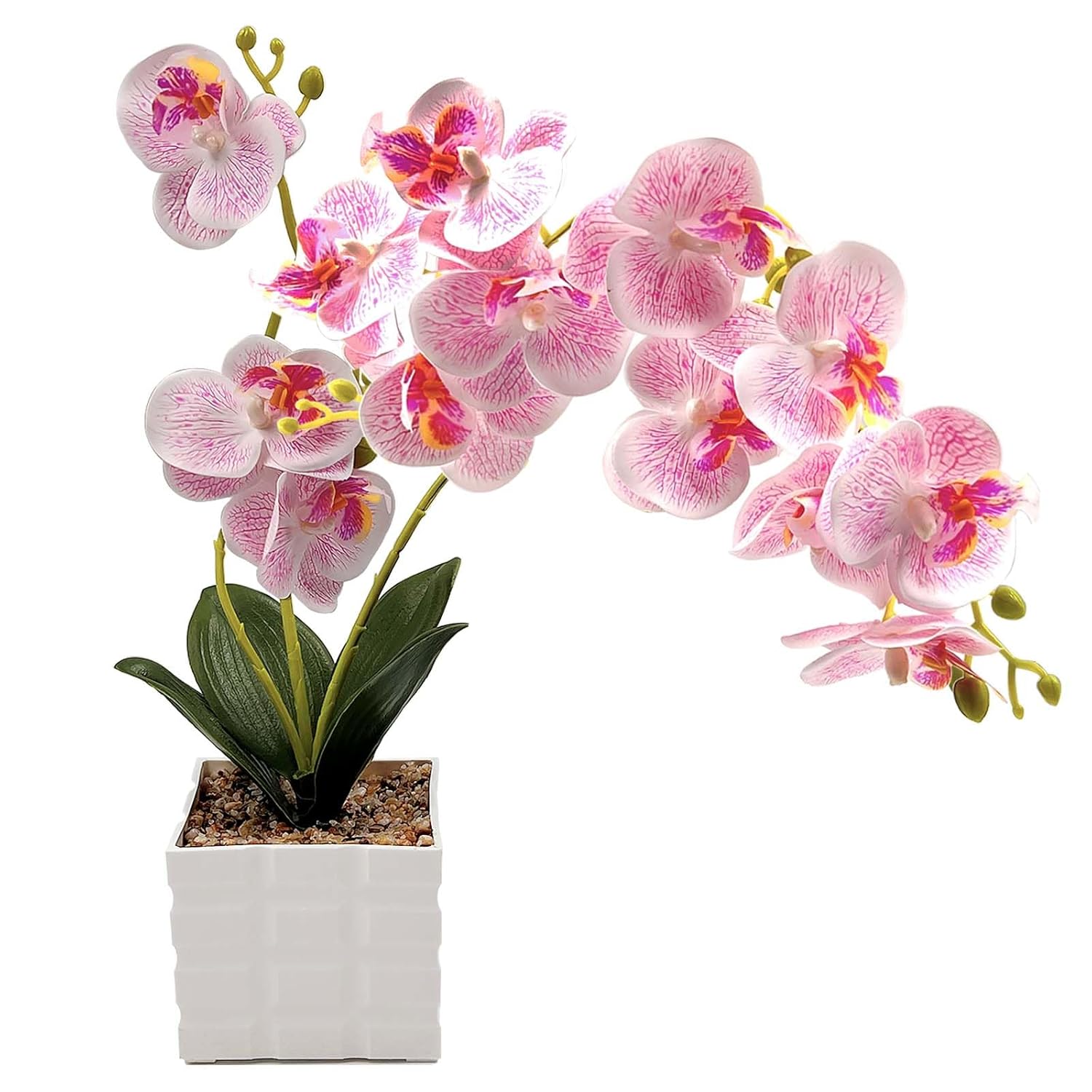 13-Heads Artificial Orchid Flower In Pot,50Cm Silk Orchid Arrangement With Plastic Vase,Potted Pink Flowers,Silk Phalaenopsis Indoor Decor For Home Table Centerpiece