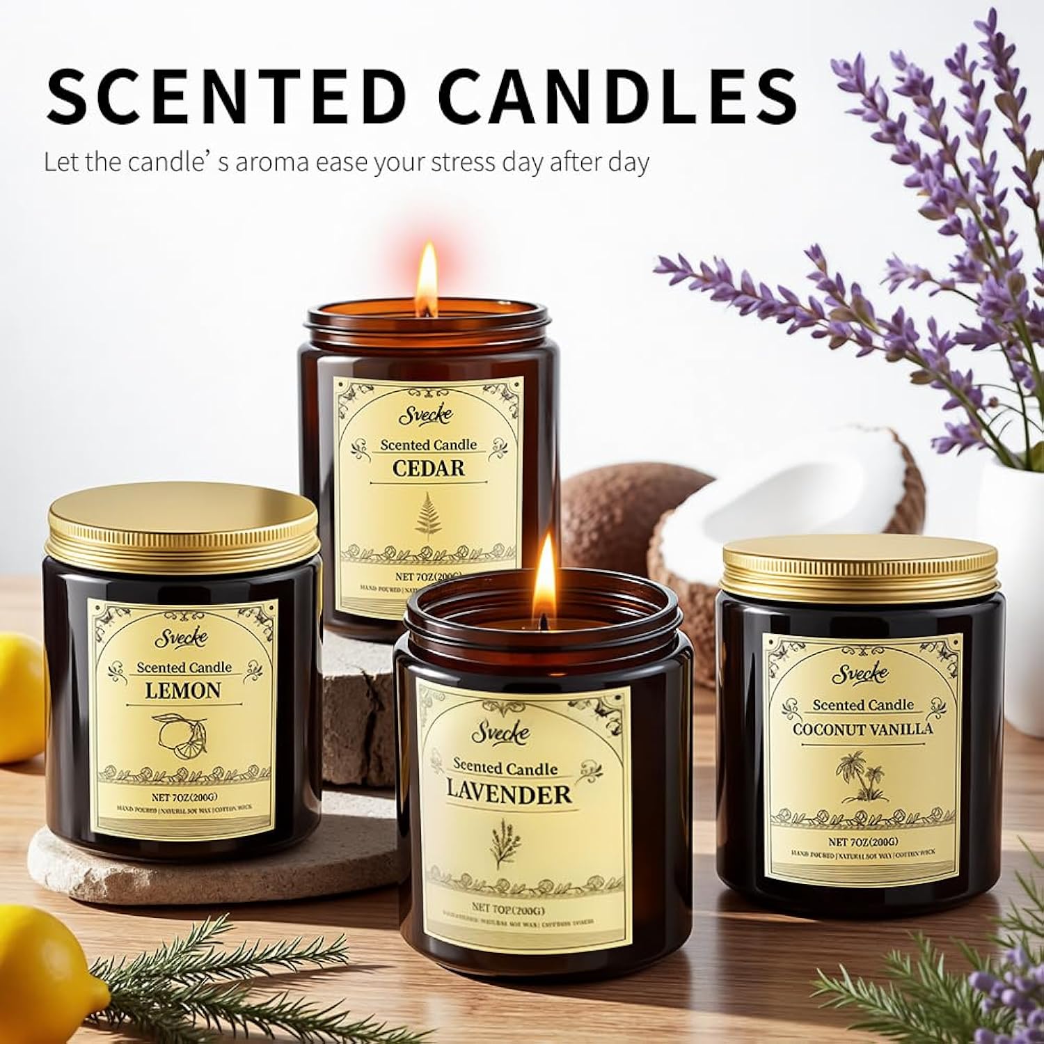 4 Pack 28Oz Scented Candles, Soy Wax Jar Candles, Lemon, Lavender, Sage & Citrus, Fireside, Scented Candles For Home, Fall Candles For Women, Men, Candle Gift Set