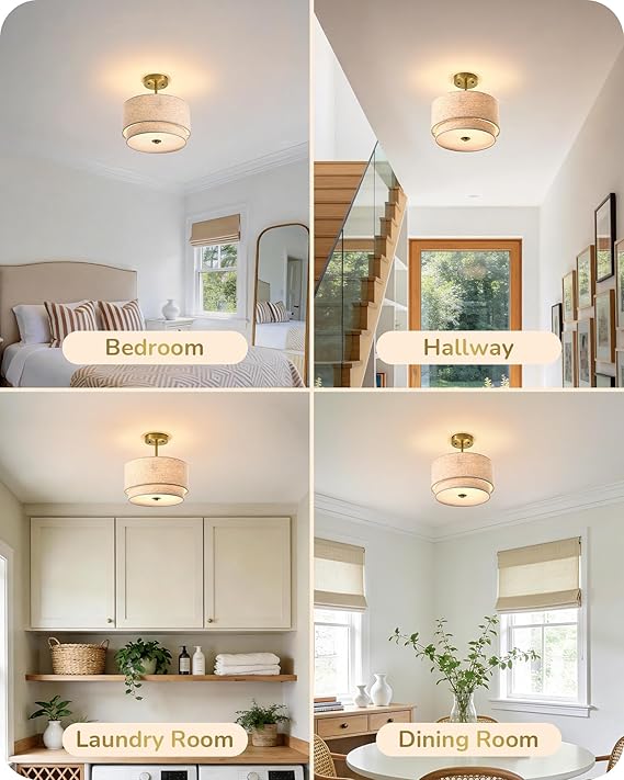 12.6 Inch Brushed Gold Ceiling Light Double Drum Linen Shade 3 Light Fixture