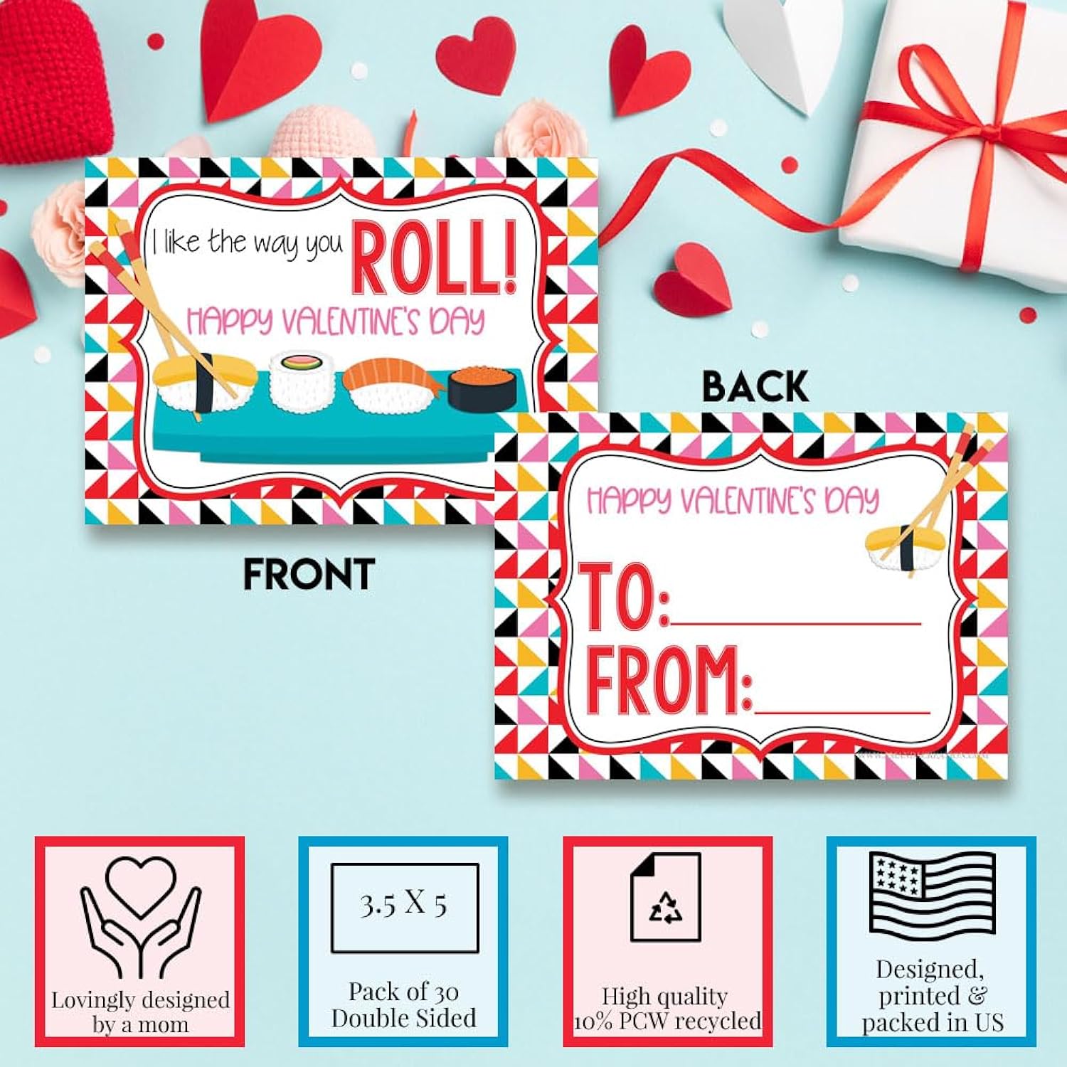 I Like The Way You Roll Cute Sushi Themed Valentine'S Day Cards For Kids To Give To Friends & Classmates, Thirty (30) 3.5" X 5" Fill In Cards (Without Envelopes) By Amandacreation