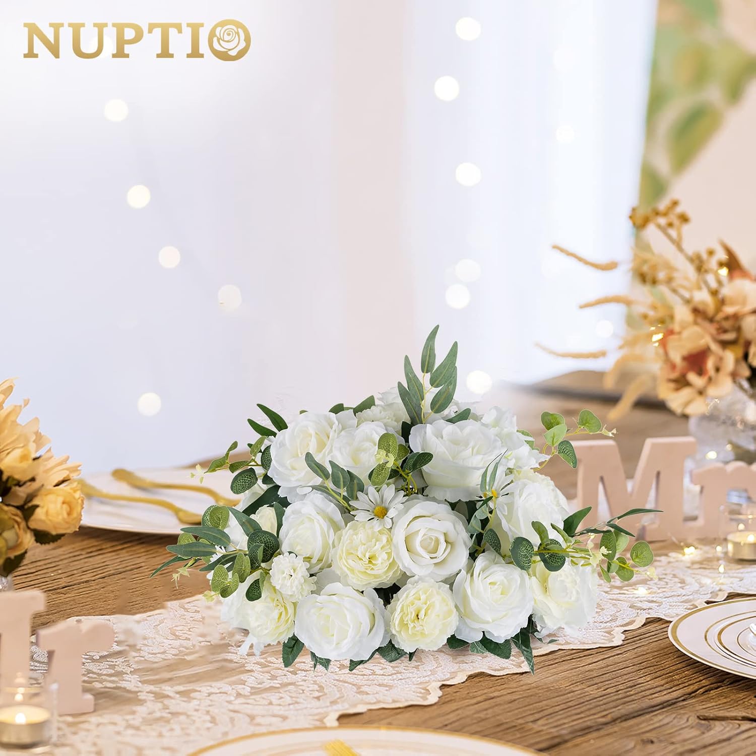 Large Flower Centerpieces For Tables: 17.7 Inch Diameter White Artificial Flower Ball Arrangement 10 Pcs For Wedding Party Centerpiece - Fake Floral Rose For Bridal Shower Decorations