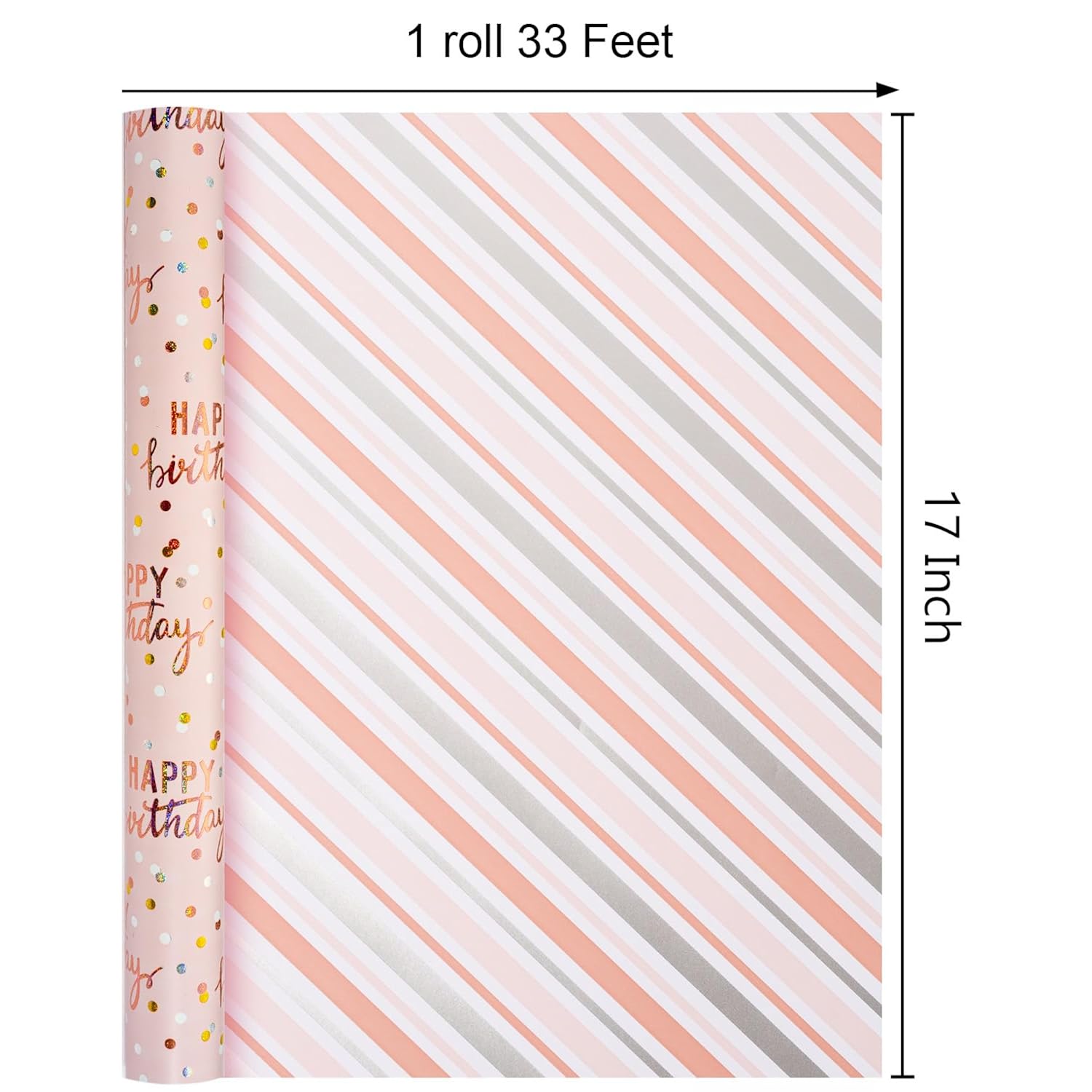 Birthday Wrapping Paper Roll, Pink Metallic Holographic Happy Birthday Wrapping Paper Featuring Revesible Stripe Gift Wrap Paper For Girls Boys Kids Men, 17 Inches X 33 Feet
