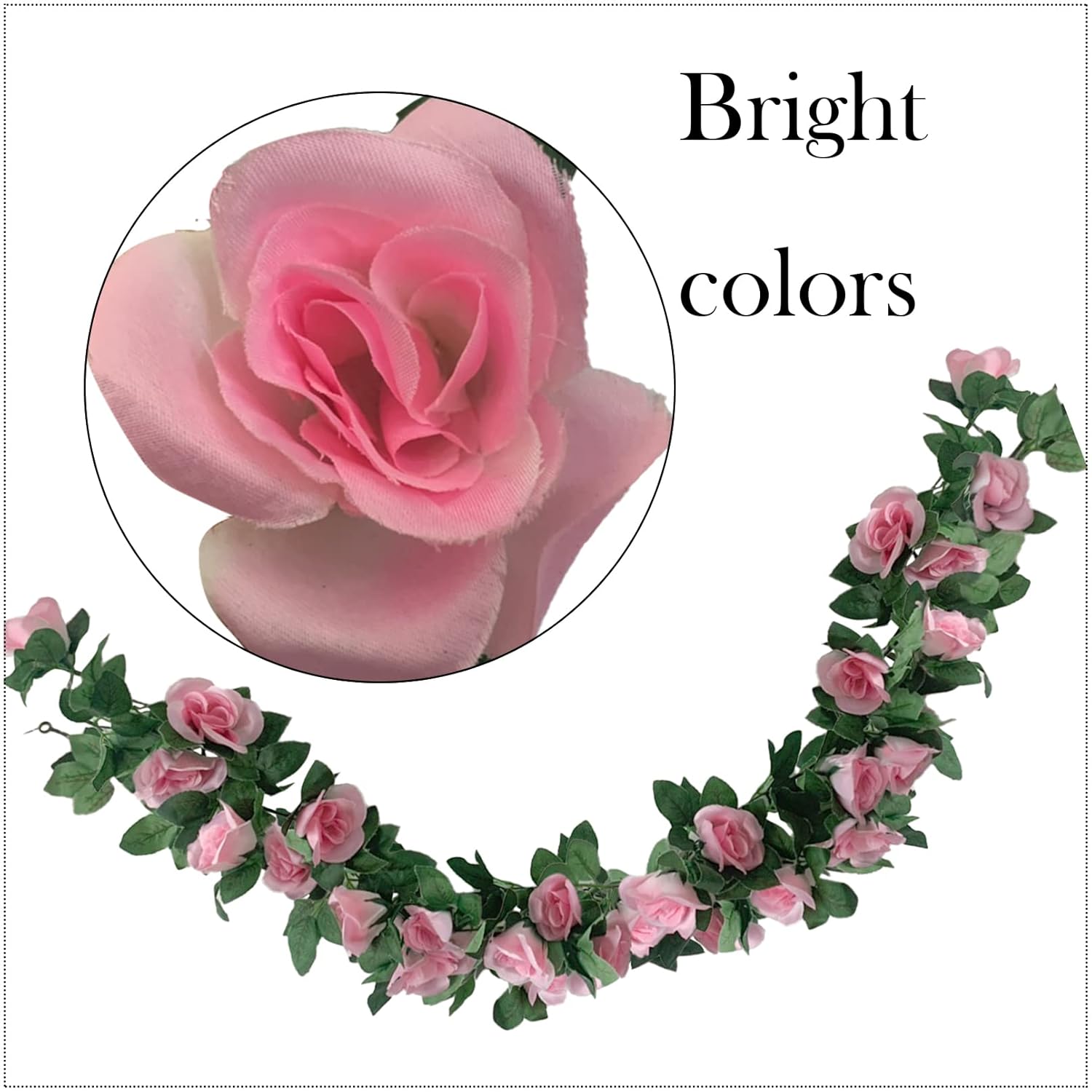 2 Pack Artificial Rose Vine Garland Fake Roses Flowers Plants Vines Hanging Floral Leaves Decoration For Wedding Party Table Garden Arch Wall Home Room Decor(Pink)