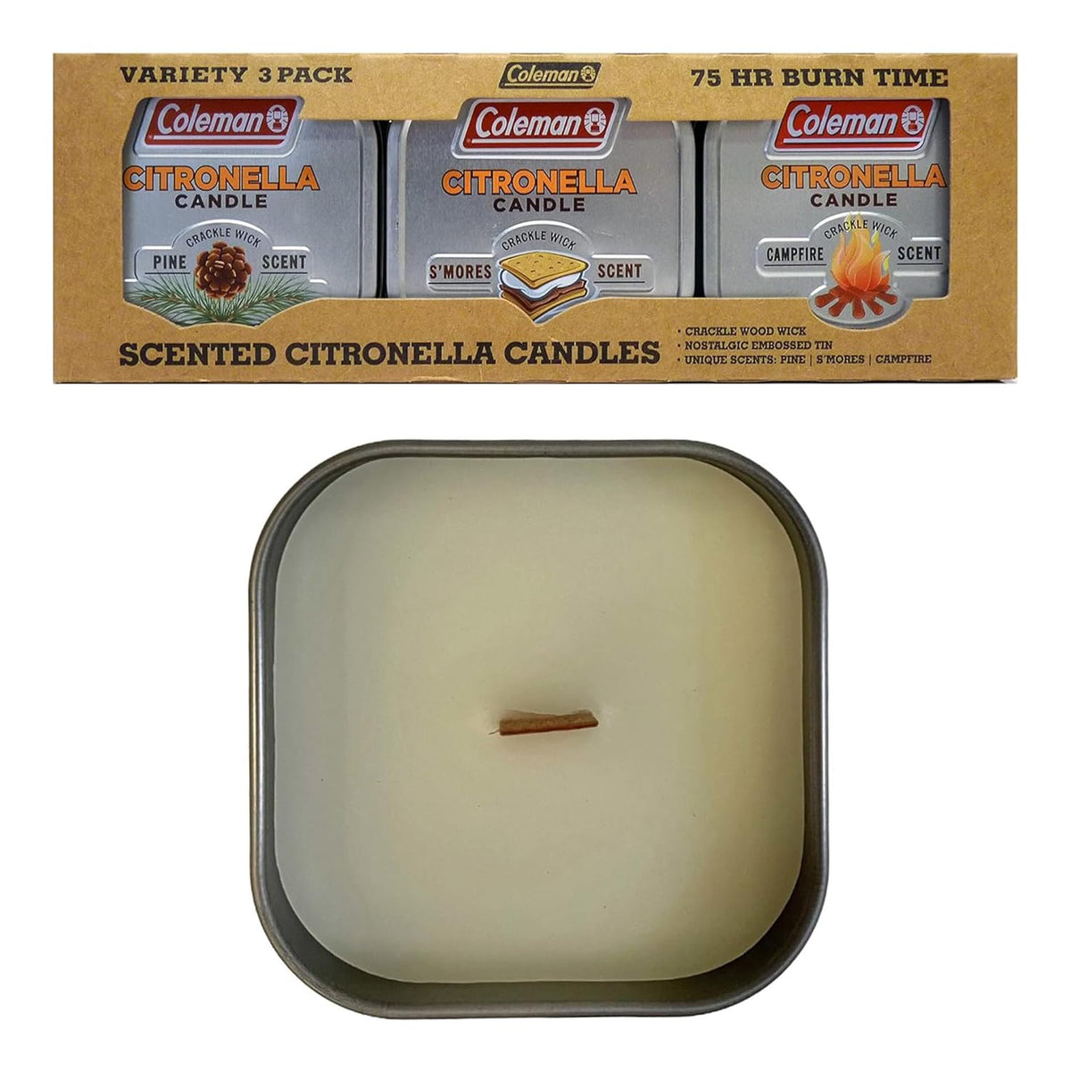Coleman Scented Tin Citronella Candle - 3 Pack, S'Mores, Pine and Campfire