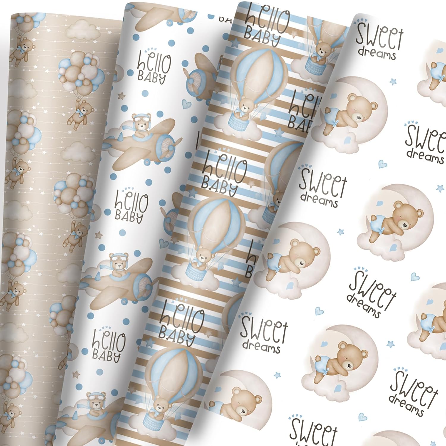 12 Sheets Teddy Bear Wrapping Paper For Baby Boy Infant - 19.7” X 27.6” Blue Bear Gift Wrap Paper In Moon Star Hot Air Balloon Patterns For Baby Shower, New Baby Birth, Baptism, Birthday Party