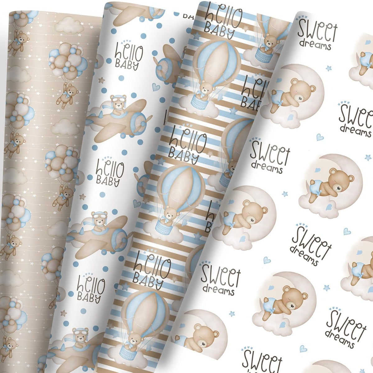 12 Sheets Teddy Bear Wrapping Paper For Baby Boy Infant - 19.7” X 27.6” Blue Bear Gift Wrap Paper In Moon Star Hot Air Balloon Patterns For Baby Shower, New Baby Birth, Baptism, Birthday Party