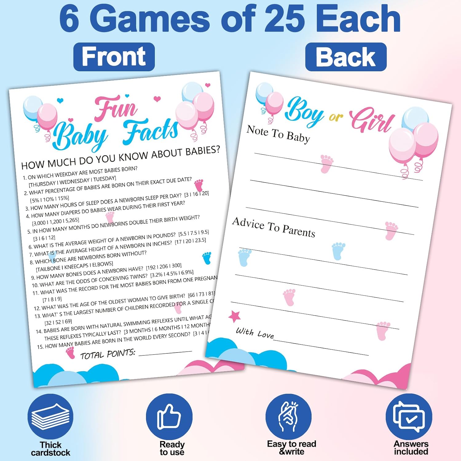 75Pcs Gender Reveal Games For Guests, 6 Funny Games For Boy Or Girl Gender Reveal Decorations Idea Baby Prediction Cards, Mommy Or Daddy