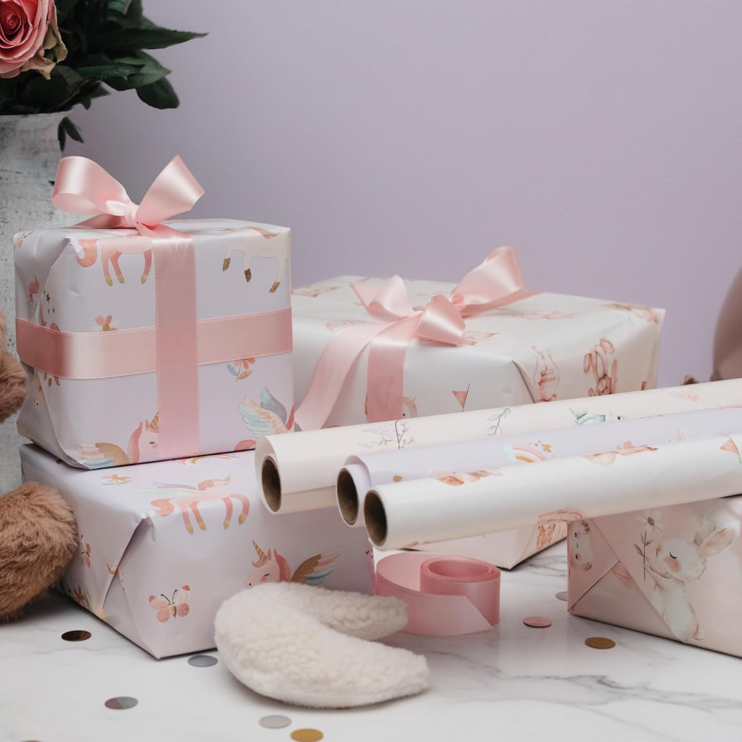 Beautiful Gift Wrapping Paper Rolls For Baby Shower - Cute Set Of 3 Quality Rolls For Girls Birthdays & Baby Showers - Add A Touch Of Magic To Every Gift You Wrap - 17 X 120 In