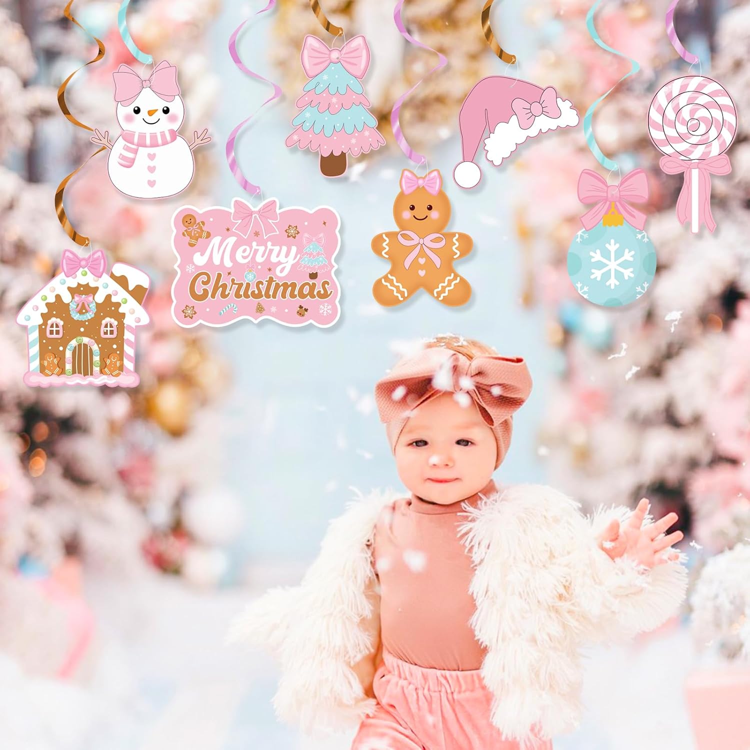 Pink Christmas Party Hanging Swirls Decorations, Pink Xmas Bow Merry Christmas Gingerbread Man Hanging Ornaments For Christmas Birthday Baby Shower Decor, Winter Holiday New Year Party
