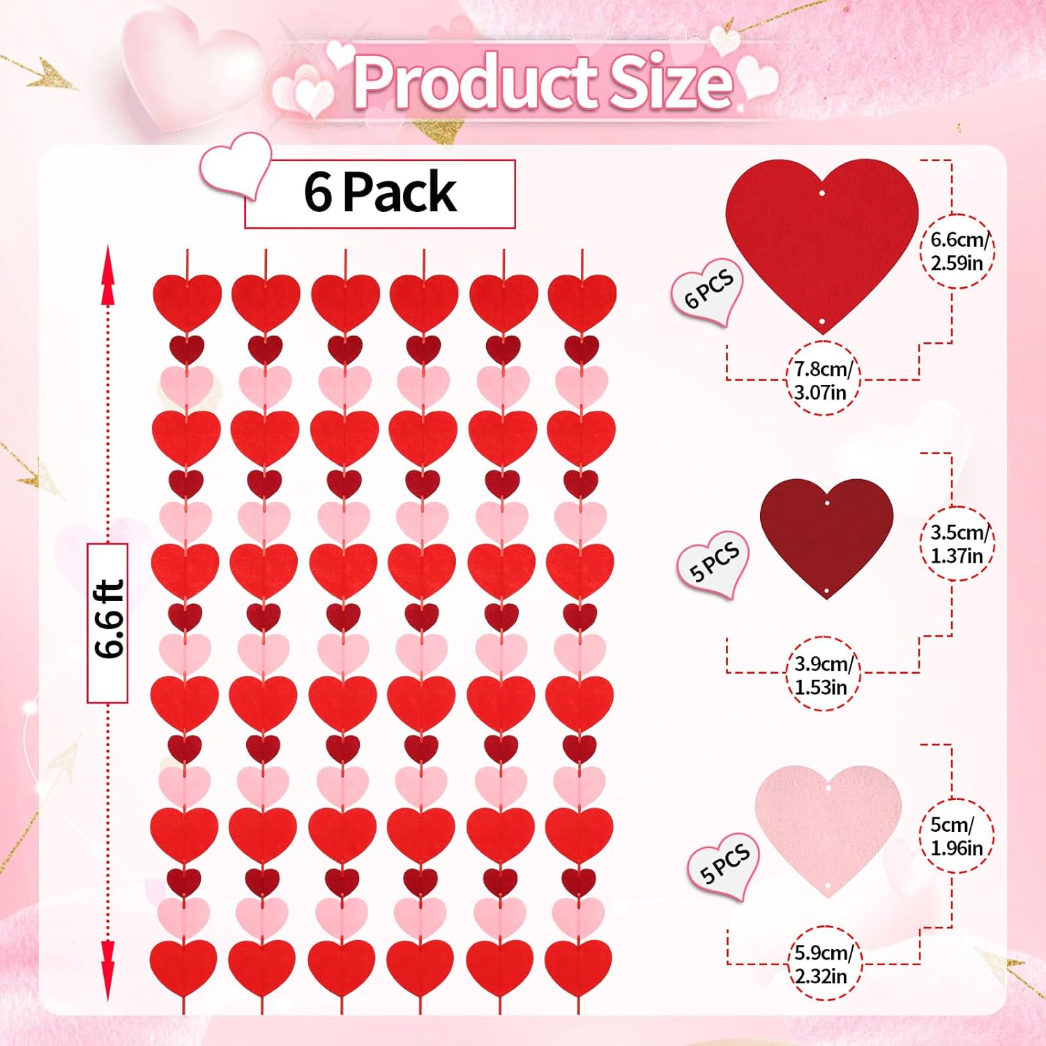 Felt Heart Garland Streamers, 96 Pre-Strung Mixed-Size Hearts In Red Pink Burgundy, Valentine'S Day Decorations 6-Pack, Ready To Hang For Party Wedding