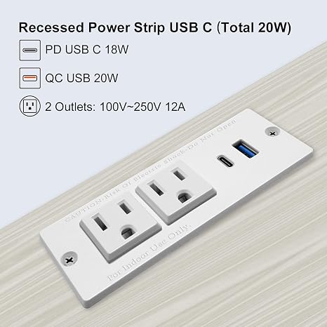 Recessed USB C Power Strip 2 Outlets 2 USB Ports PD20W QC18W 6FT Flat Plug Extension Cord White